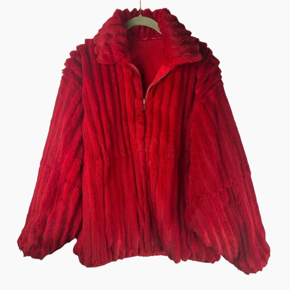 Vintage red Rabbit fur coat sz L, Bomber Jacket w/ Reversible Stripes